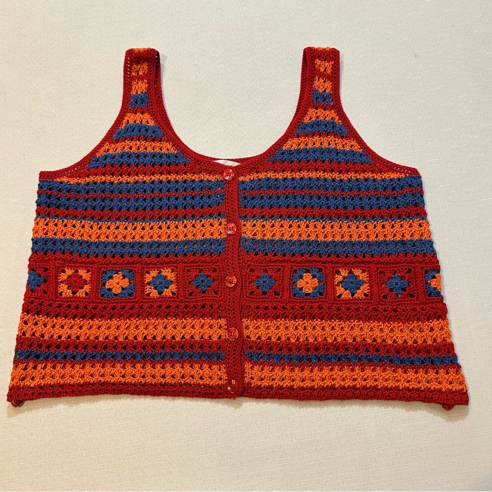 Crochet Knit Boho Tank Top XL Cotton Emporium Colorful Granny Square Vest